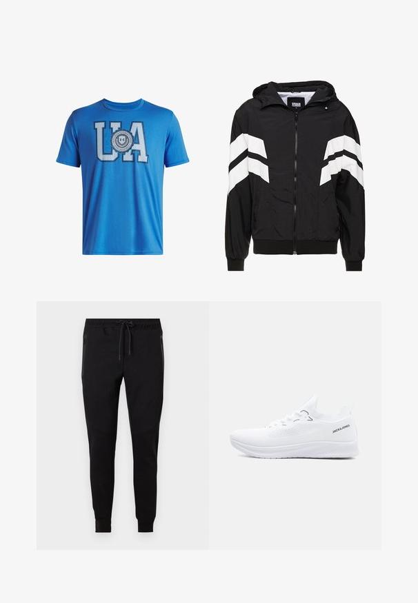 Sort vindjakke med hvide skrå striber, lynlås, hætte, elastiske manschetter og en ensfarvet sort kant. Materialet virker let.; Blå bomulds t-shirt med store "UA" bogstaver og et cirkulært mærke design nedenunder. Korte ærmer og rund halsudskæring. Glat tekstur.; Sorte afsmalnede joggebukser med elastisk linning, snøre, lynlåslommer i siden og ribstrikkede manchetter ved anklerne.; Hvid strikket lavtop-sneaker med tekstureret sål, snørelukning foran og "JACK & JONES" logo på hælkantens side.