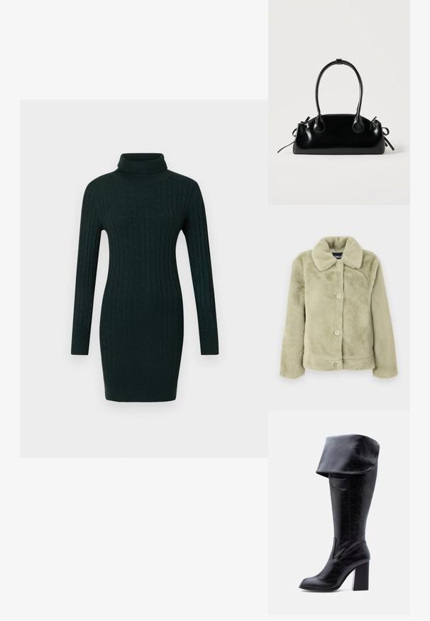 Veste en fausse fourrure vert clair avec un col, dotée d'une fermeture à boutons, de manches longues et d'un tissu doux et texturé. Pas de motifs ni d'accents présents.; Robe pull en laine à mailles torsadées vert foncé avec des manches longues et un col roulé ajusté sur fond uni.; Botte haute en cuir noir avec talon, bord plié et bout arrondi, debout sur un fond blanc.; Petit sac à main noir brillant avec deux longues anses et des détails à cordon sur les côtés sur un fond clair uni.