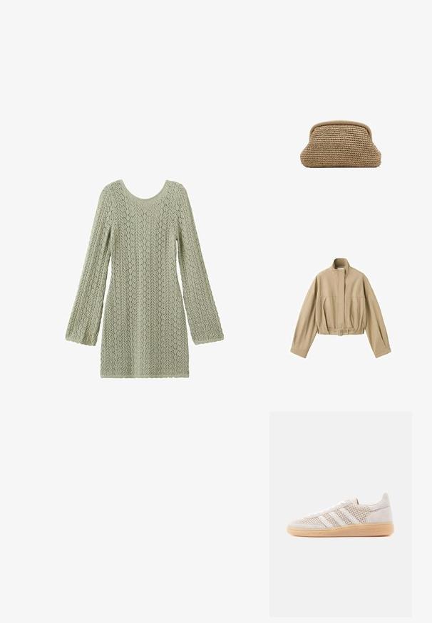 Veste courte beige à manches longues, col montant, fermeture éclair à l'avant et ceinture ajustable à la taille sur fond blanc.; Robe tricotée vert clair à manches longues avec motif en dentelle et col rond, présentée à plat sur un fond blanc.; Baskets en daim beige clair avec détails en mesh, trois bandes blanches et semelle en caoutchouc gomme. Dotées d'une fermeture à lacets et d'accents de marque.; Pochette tissée beige avec un bord supérieur arrondi et un extérieur doux et texturé, présentée sur un fond blanc.