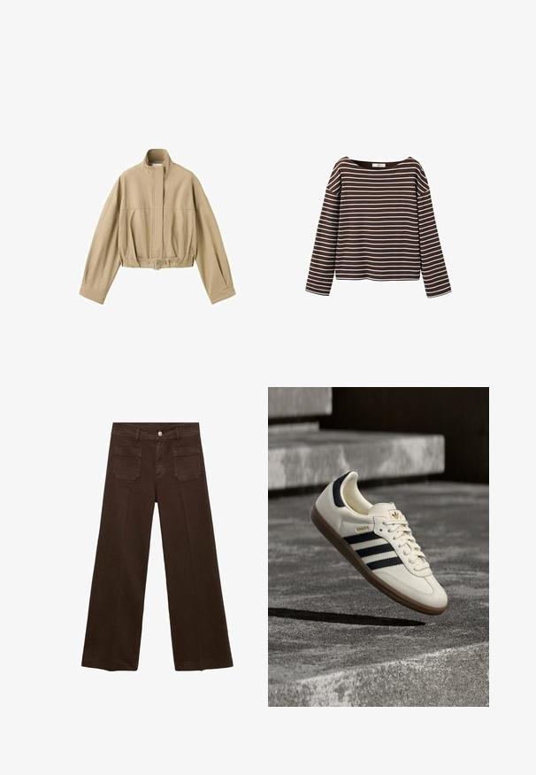 Beige cropped jas met lange mouwen, hoge kraag, rits aan de voorkant en verstelbare riem in de taille op een witte achtergrond.; Bruin shirt met lange mouwen en witte horizontale strepen, met een brede ronde halslijn, weergegeven tegen een witte achtergrond.; Bruine wijde jeans van denim, met een hoge taille, twee achterzakken en een voor knoopsluiting. Gladde textuur, rechte pasvorm.; Witte Adidas Samba sneaker met zwarte strepen en gumzool, zwevend boven gestructureerde grijze betonnen treden.