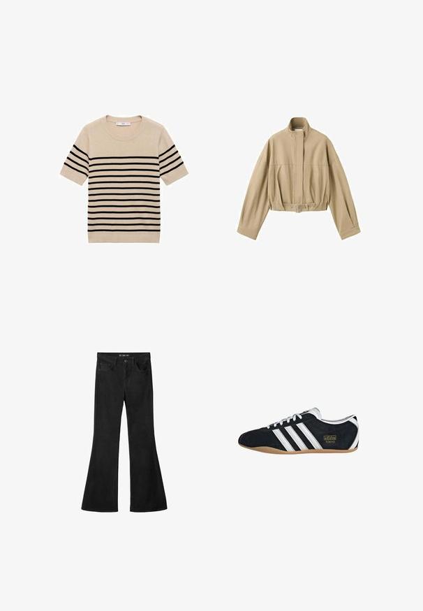 Beige cropped jas met lange mouwen, hoge kraag, rits aan de voorkant en verstelbare riem in de taille op een witte achtergrond.; Beige trui met korte mouwen en zwarte horizontale strepen, ronde halslijn en gebreide textuur. Eenvoudig, klassiek ontwerp zonder extra accenten.; Zwarte flared jeans van denim. Heeft vijf zakken, een sluiting met een knoop aan de voorkant en een gladde textuur met gelijkmatige stiksels door het hele kledingstuk.; Zwarte suède sneaker met witte drie strepen, gouden logo en een bruine rubberen zool. Heeft een laag profiel vetersluiting ontwerp.