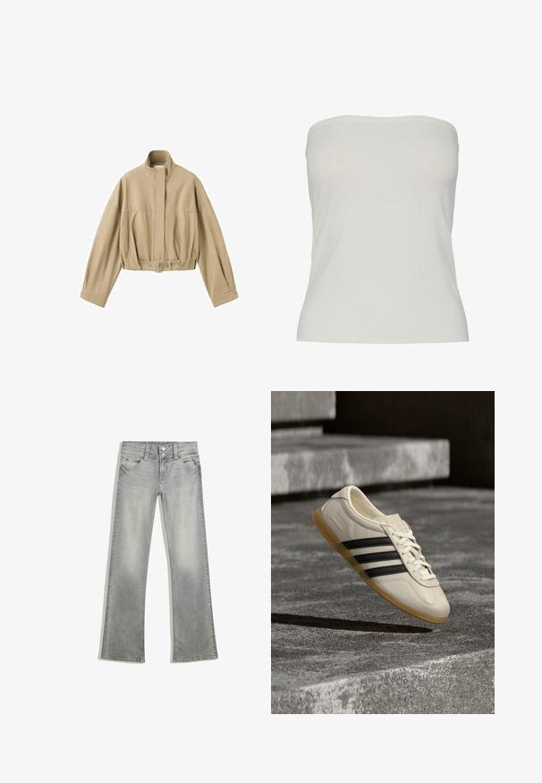 Beige cropped jas met lange mouwen, hoge kraag, rits aan de voorkant en verstelbare riem in de taille op een witte achtergrond.; Strapless top van lichtbeige stof, getailleerd ontwerp met een gladde textuur, naadloze randen en geen zichtbare patronen of hardwaredetails.; Grijze denim flared jeans met een vervaagde afwerking, voorzien van een knoopsluiting, vijf zakken en gestikte details langs de tailleband en zoom.; Witte sneaker met zwarte strepen en rubberen zool zwevend boven betonnen trap in zacht daglicht.