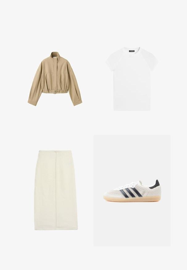 Beige cropped jakke med lange ærmer, høj krave, frontlynlås og justerbart bælte i taljen på hvid baggrund.; Hvid kortærmet T-shirt med rund halsudskæring, raglanærmer og et sort mærke inde i kraven med teksten Massimo Dutti.; Lang elfenbenfarvet nederdel lavet af tekstureret stof, med en lige design og en centralt placeret bagsøm. Ingen synligt hardware eller mønstre.; Hvide mesh-sneakers med sort tre-stribet design, rundet tå og gummisål. Har blød hælkant og snørelukning.