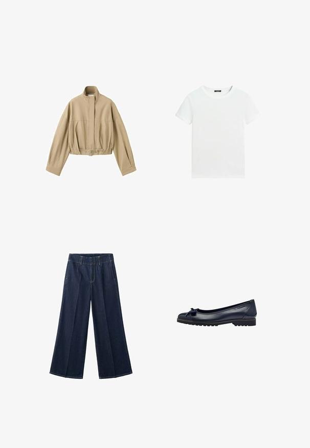 Beige cropped jas met lange mouwen, hoge kraag, rits aan de voorkant en verstelbare riem in de taille op een witte achtergrond.; Effen wit T-shirt met korte mouwen, een ronde hals en een klein zwart labeltje aan de binnenkant van de kraag.; Donkerblauwe denim spijkerbroek met wijde pijpen, plooien aan de voorkant, riemlussen en zichtbare stiksels.; Navyblauwe leren balletschoenen met een klein strikdetail, ronde neus en een gestructureerde zool met een lage hak.