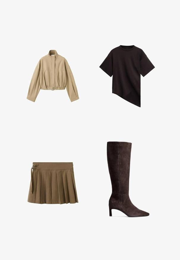 Beige cropped jas met lange mouwen, hoge kraag, rits aan de voorkant en verstelbare riem in de taille op een witte achtergrond.; Zwart T-shirt met korte mouwen, ronde hals en asymmetrische zoom die diagonaal van links naar rechts loopt.; Bruine geplooide rok met een brede tailleband, voorzien van twee metalen gespen en een strikdetail aan de zijkant. Gladde stof met een gestructureerd ontwerp.; Bruine suede kniehoge laars met een puntige neus en een hak van 7,5 cm. Glad textuur, slanke silhuet en minimalistisch ontwerp.