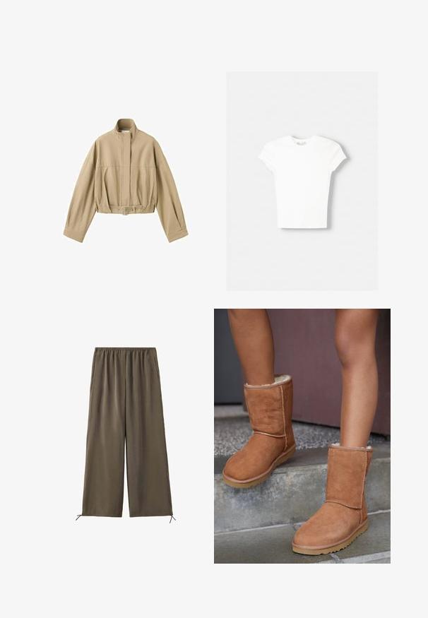 Veste courte beige à manches longues, col montant, fermeture éclair à l'avant et ceinture ajustable à la taille sur fond blanc.; T-shirt blanc à manches courtes en coton doux, avec un col rond et une coupe ajustée. Pas de motifs ni d'ornements visibles.; Pantalon vert olive ample avec taille élastique et cordons au bas, présenté à plat sur fond blanc.; Bottines en suede marron, à bout rond, avec une doublure douce et une semelle en caoutchouc, présentant des détails de couture visibles le long des coutures.