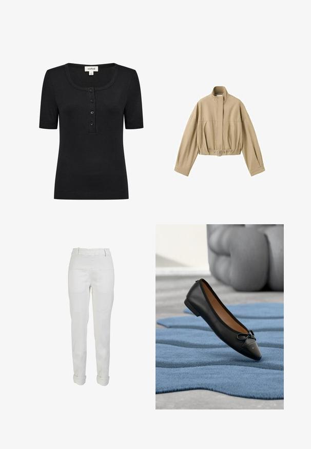 Beige cropped jas met lange mouwen, hoge kraag, rits aan de voorkant en verstelbare riem in de taille op een witte achtergrond.; Zwarte korte mouw top met een ronde hals, geribbelde textuur en een placket met vier knopen. Materialen en stikseldetails zijn zichtbaar.; Witte broek met hoge taille, elastische tailleband, voorzakken met inzet, taps toelopende pijpen en opgerolde boorden.; Zwarte leren ballerina met een afgeronde neus, glanzende zwarte neuskap en een strikaccent. Voorzien van een gewatteerde binnenzool en een lage hak.