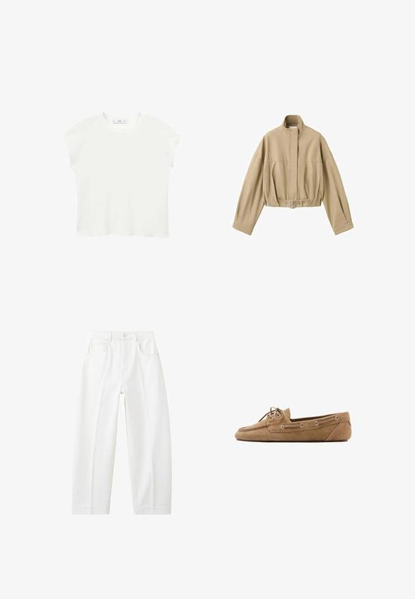 Beige cropped jas met lange mouwen, hoge kraag, rits aan de voorkant en verstelbare riem in de taille op een witte achtergrond.; Witte t-shirt met korte mouwen, een ronde hals, een zachte textuur en een ontspannen pasvorm. De iets afgeronde zoom voegt een casual accent toe.; Witte, rechte spijkerbroek met hoge taille, voorzakken, riemlussen en een knoopsluiting.; Heren tan suède rij schoen met moc toe, veters aan de voorkant en veters aan de zijkant, weergegeven in profiel op een witte achtergrond.