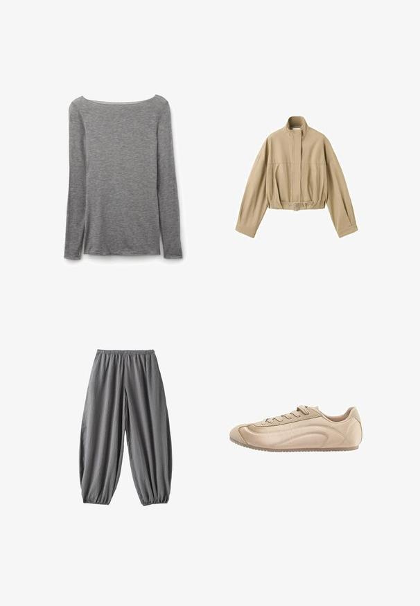 Beige cropped jas met lange mouwen, hoge kraag, rits aan de voorkant en verstelbare riem in de taille op een witte achtergrond.; Grijze nauwsluitende top met lange mouwen en een brede boothals, gemaakt van zachte, lichte gebreide stof.; Losse grijze broek met elastische tailleband en enkelboorden, met een gestructureerd geruit stofpatroon.; Beige lage sneaker met veters aan de voorkant, glad lederen bovenwerk, gebogen stikdetails en een dunne rubberen zool.