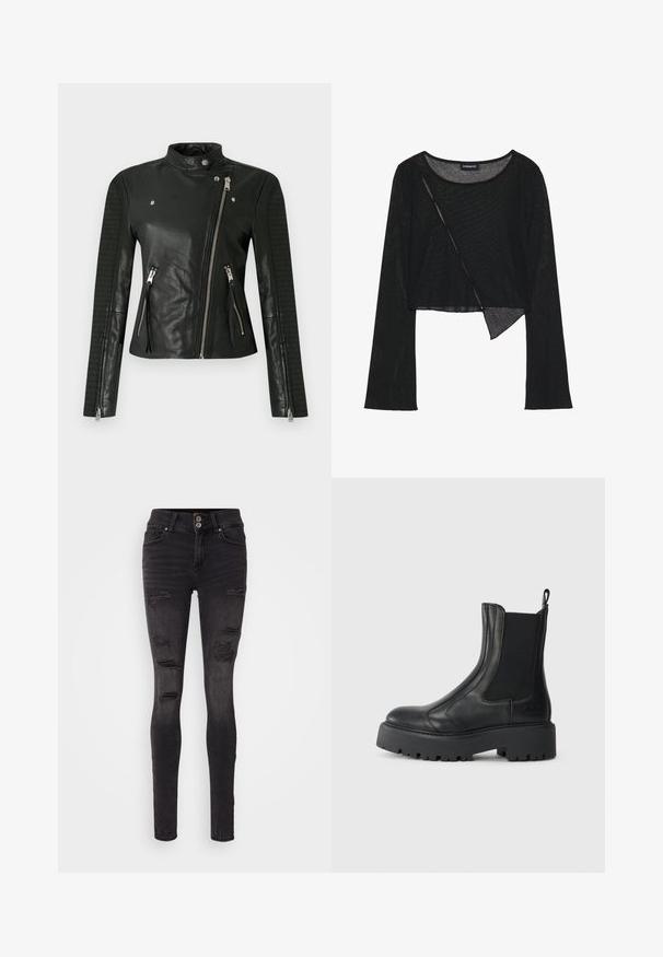 Čierna kožená motocyklová bunda s golierom na stojato, asymetrickým zipsom a žíhaným zdobením na rukávoch; má dve predné vrecká na zips.; Čierny crop top s dlhým rukávom vyrobený z ľahkej priesvitnej tkaniny. Má okrúhly výstrih a asymetrický lem s jemnou textúrou.; Čierne úzke džínsy vyrobené z denimu s opotrebovaným dizajnom, ktorý obsahuje niekoľko roztrhnutí a priliehavý strih. Dvojité zapínanie na gombíky v oblasti pásu.; Čierna kožená členková obuv s elastickými bočnými panelmi, okrúhlou špičkou a hrubou textúrovanou gumovou podrážkou. Obsahuje pútko na zadnej strane.