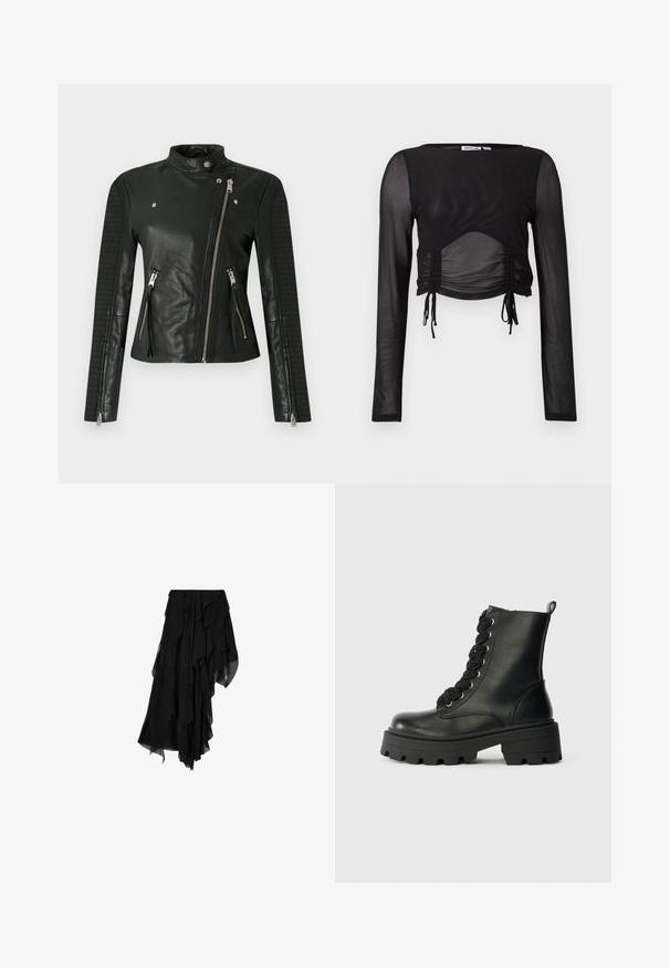 Veste de moto en cuir noir avec col montant, fermeture éclair asymétrique et détails côtelés sur les manches ; comprend deux poches avant zippées.; Haut noir à manches longues, court, en tissu transparent, avec des détails froncés sur les côtés et des liens ajustables à l'ourlet. Texture lisse sur l'ensemble.; Jupe noire asymétrique en tissu chiffon superposé et fluide créant un ourlet froncé et irrégulier.; Bottine en cuir noir avec semelle épaisse, bout rond et talon surélevé. Présente des lacets noirs et des œillets en métal pour un maintien sécurisé.