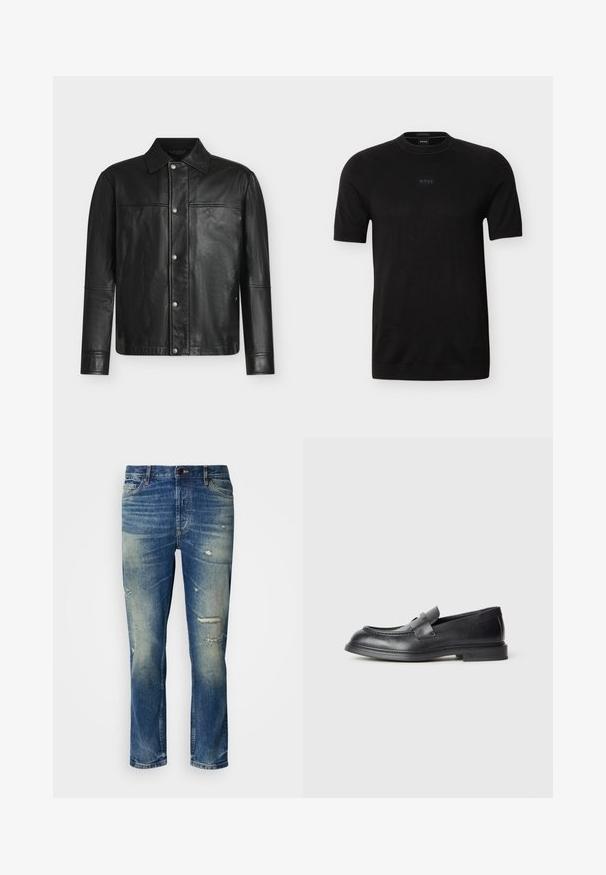 Sort læderjakke med lange ærmer, trykknap lukning foran og klassisk krave, vist på en ensfarvet hvid baggrund.; Sort kortærmet T-shirt med rund hals og det diskrete "BOSS"-logo centreret på brystet, lavet af fint strikstof.; Lysblå denim jeans med en afslappet pasform, der har slidte detaljer, falmede lapper og en klassisk lukning med knap og lynlås.; Sorte læder loafers med en struktureret finish, der har en dekorativ frontrem og en rundet tå. Gummisål for holdbarhed.