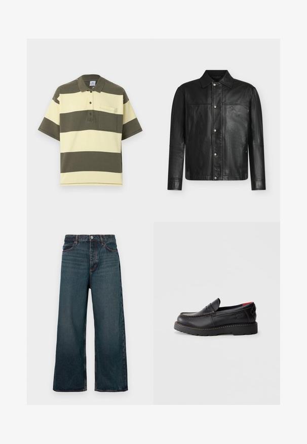Veste en cuir noire à manches longues, fermeture par boutons-pression sur le devant, col classique, présentée sur un fond blanc uni.; Polo à manches courtes avec larges rayures horizontales vert olive et blanc cassé, poche poitrine et patte de boutonnage.; Jean denim bleu foncé à jambe large avec fermeture à bouton avant, fermeture éclair et design à cinq poches, présenté sur un fond blanc.; Chaussure noire en cuir à enfiler avec coutures de mocassin, semelle en caoutchouc et finition texturée. Présente une marque discrète sur le côté.