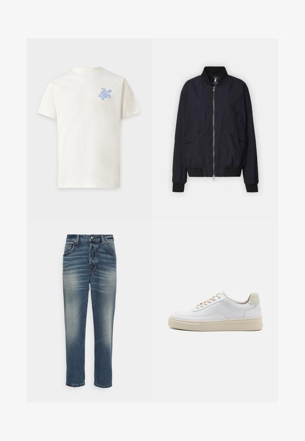 Veste bomber noire en tissu léger, dotée d'une fermeture éclair à l'avant, de poignets et d'un ourlet côtelés, ainsi que de deux poches à rabat à l'avant.; T-shirt blanc à manches courtes avec un petit motif de tortue de mer bleue sur la partie gauche de la poitrine, sur un fond uni.; Jean en denim bleu avec une finition délavée, coupe droite, style à cinq poches et accents en métal couleur cuivre.; Sneaker blanche avec un dessus en cuir lisse, des lacets beige et un onglet de talon en daim beige texturé. Semelle surélevée pour une hauteur supplémentaire.