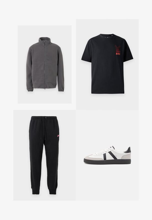 Grijze fleecejas met volledige ritssluiting, hoge kraag, lange mouwen en zachte, gestructureerde stof, weergegeven tegen een lichte achtergrond.; Zwart katoenen T-shirt met korte mouwen, een ronde hals en een rood grafisch logo van een konijn met de tekst "AC/DC" op de borst.; Zwarte sweatpants van zacht materiaal met een elastische tailleband, een verstelbare trekkoord en een klein roze Nike-logo aan de linkerkant.; Witte sneaker met zwarte en grijze accenten, voorzien van een grijze neus met textuur, zwarte rubberen zool en platte witte veters. Schoon ontwerp, minimalistische stijl.