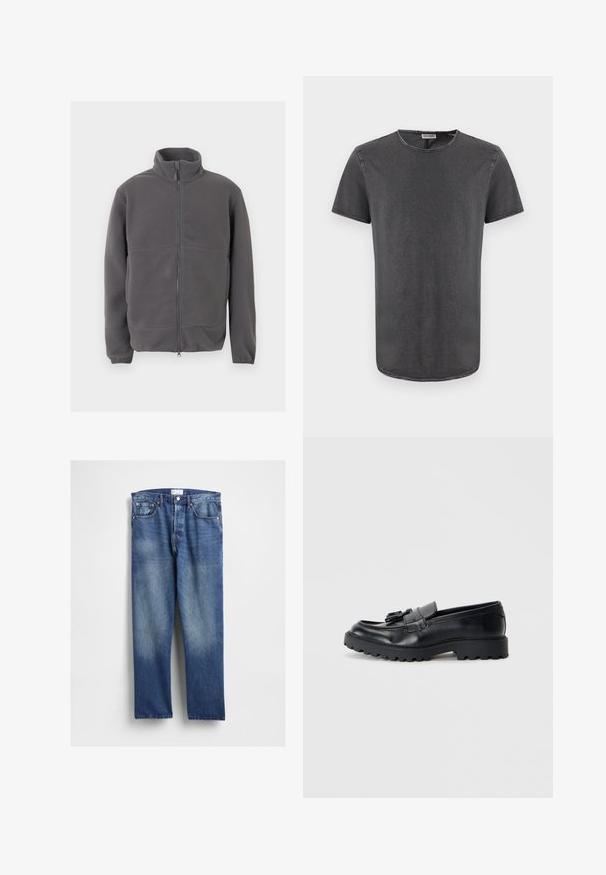 Grau melierte Fleecejacke mit durchgehendem Reißverschluss, hohem Kragen, langen Ärmeln und weichem, strukturiertem Stoff, präsentiert vor hellem Hintergrund.; Graues Kurzarm-T-Shirt mit rundem Ausschnitt, aus weichem Stoff gefertigt, mit leicht abgerundetem Saum und sichtbaren Nähten.; Blaue Denim-Jeans mit geradem Bein, vorne ausgeblichen, klassischem Fünf-Taschen-Design und Metallnieten an den Taschen.; Schwarze Lederloafers mit glanzendem Finish, klobiger Gummisohle und dekorativem Quastendetail auf der Vorderseite.