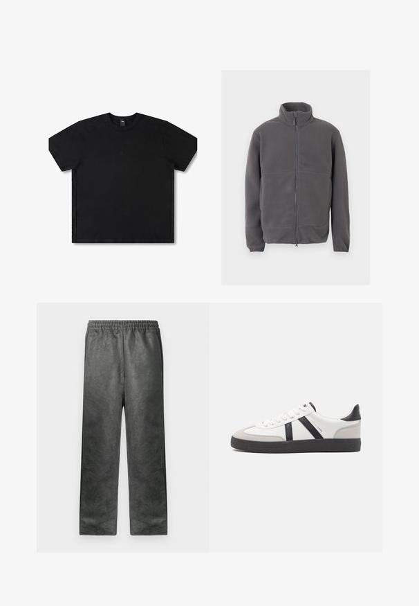 Grijze fleecejas met volledige ritssluiting, hoge kraag, lange mouwen en zachte, gestructureerde stof, weergegeven tegen een lichte achtergrond.; Zwarte T-shirt met korte mouwen, gemaakt van katoen, met een ronde hals, voorzien van een subtiele logo in het midden en een relaxte pasvorm.; Grijze, lichte sweats met een zachte textuur, elastische tailleband en zijzakken, ontworpen voor comfort met een rechte snit.; Witte sneaker met zwarte en grijze accenten, voorzien van een grijze neus met textuur, zwarte rubberen zool en platte witte veters. Schoon ontwerp, minimalistische stijl.