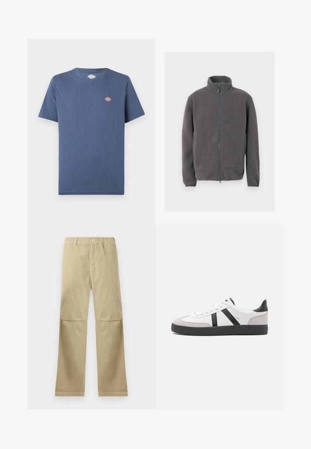 Veste polaire grise à fermeture éclair intégrale avec col haut, manches longues et tissu doux et texturé, présentée sur un fond pâle.; T-shirt bleu uni à manches courtes avec col rond, petit logo rond multicolore sur la partie gauche de la poitrine.; Pantalons beiges à jambe droite avec une fermeture à bouton-pression, passants de ceinture et détails de couture aux genoux, posés à plat sur un fond blanc.; Baskets blanches avec des accents noirs et gris, présentant un embout texturé gris, une semelle en caoutchouc noir et des lacets plats blancs. Design épuré, style minimaliste.