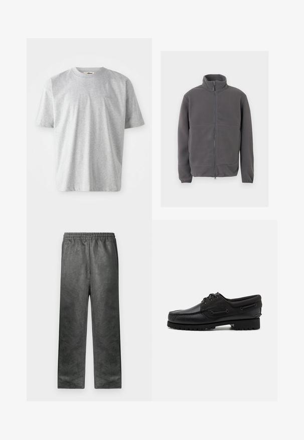 Veste polaire grise à fermeture éclair intégrale avec col haut, manches longues et tissu doux et texturé, présentée sur un fond pâle.; T-shirt gris à manches courtes en tissu doux. Il présente un col rond et un logo subtil brodé sur le devant.; Pantalons de survêtement gris, légers, avec une texture douce, une taille élastique et des poches latérales, conçus pour le confort avec une coupe droite.; Chaussure noire avec un dessus en cuir, des accents textiles, des lacets ronds et une semelle en caoutchouc texturé. Présente des coutures mocassins et des détails de marque.