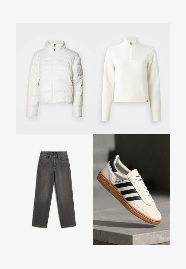 Witte donsjacket met een hoge kraag, een ritssluiting aan de voorkant en twee zijzakken. Bevat een gewatteerd patroon en een subtiel logo op de borst.; Witte sweater met ritssluiting en lange mouwen. Gemaakt van een zachte gebreide stof, met ribgebreide boorden en een zoom. Subtiele merklogo aan de zoom.; Grijze wijde jeans van denim. Heeft vijf zakken, een sluiting met een knoop en ritssluiting aan de voorkant, en subtiele vervaging op de stof.; Witte suède sneakers met marineblauwe strepen, rubberen gumzool, gestructureerde bovenkant, ronde neus en veters; heeft branding aan de zijkant en op de tong.