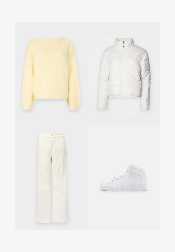 Witte donsjacket met een hoge kraag, een ritssluiting aan de voorkant en twee zijzakken. Bevat een gewatteerd patroon en een subtiel logo op de borst.; JDY JDYDINEA L/S REVERSIBLE PULLOV. KNT NOOS - Trui - pastel yellow; Good American GOOD 90S CARPENTER - Wide leg - white denim; Witte hoge sneakers van leer met een gevoerde kraag, geperforeerde neus, veters en een verstelbare enkelband; logo op de zijkant.