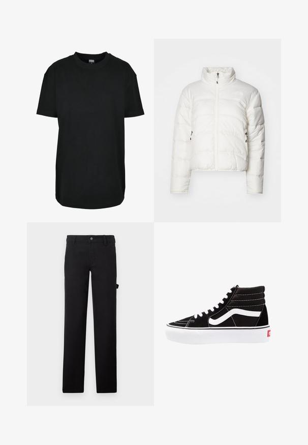 Witte donsjacket met een hoge kraag, een ritssluiting aan de voorkant en twee zijzakken. Bevat een gewatteerd patroon en een subtiel logo op de borst.; Zwart T-shirt met korte mouwen en ronde hals in maat XS met "Urban Classics" label aan de binnenkant van de kraag.; Zwarte broek van stof met een gladde textuur, ontworpen met rechte pijpen, een knoopsluiting en een zijzak.; Zwarte high-top sneakers met witte veters, een wit logo en contrasterende witte stiksels. Heeft een dikke witte zool en een bovenwerk van gestructureerd suede.