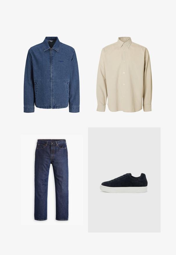 Blå denim jakke med lynlås, krave, lange ærmer, forlommer og diskret broderet logo på venstre bryst.; Beige langærmet skjorte med knapper, spids krave og knappede manchetter, vist mod en ensfarvet hvid baggrund.; Mørkeblå straight-leg denim jeans med frontknap, lynlås, fem lommer og detaljer i kobbernitter.; Sort lavtop sneakers i ruskind med sorte snørebånd og tyk hvid gummisål, set fra siden mod en ensartet lysegrå baggrund.