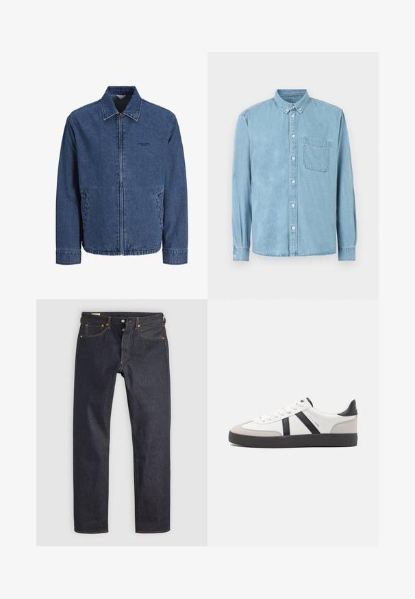 Veste en jean bleu avec fermeture éclair, col, manches longues, poches avant et logo brodé discret sur la poitrine gauche.; Chemise en denim bleu clair à manches longues avec col boutonné, poche poitrine avant, et boutons blancs au centre et aux poignets.; Jean en denim bleu foncé à coupe droite, avec des coutures orange et un style classique à cinq poches. Fermeture par bouton et braguette à glissière.; Baskets blanches avec des accents noirs et gris, présentant un embout texturé gris, une semelle en caoutchouc noir et des lacets plats blancs. Design épuré, style minimaliste.