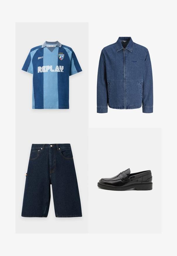 Sinine teksariidest lukuga jakk kraega, pika varrukaga, esiste taskutega ja vasaku rinna peal peene tikkimiga logoga.; Denim-stiilis trikotaaž lühikeste varrukatega, tumeda ja helesinise riba kujundusega, V-kaelusega ja silmatorkava "REPLAY" logoga.; Tumedat denimpüksid laia lõikega, viie tasku disainiga ja kontrastsete oranžide tikanditega. Omab klassikalist nööbi ja tõmbluku sulgemist.; Mustad mustad nahast loaferid, millel on sile viimistlus, ümar varvas, madal konts ja dekoratiivne õmblus esiküljel. Kummist välistald, mis tagab haarde.