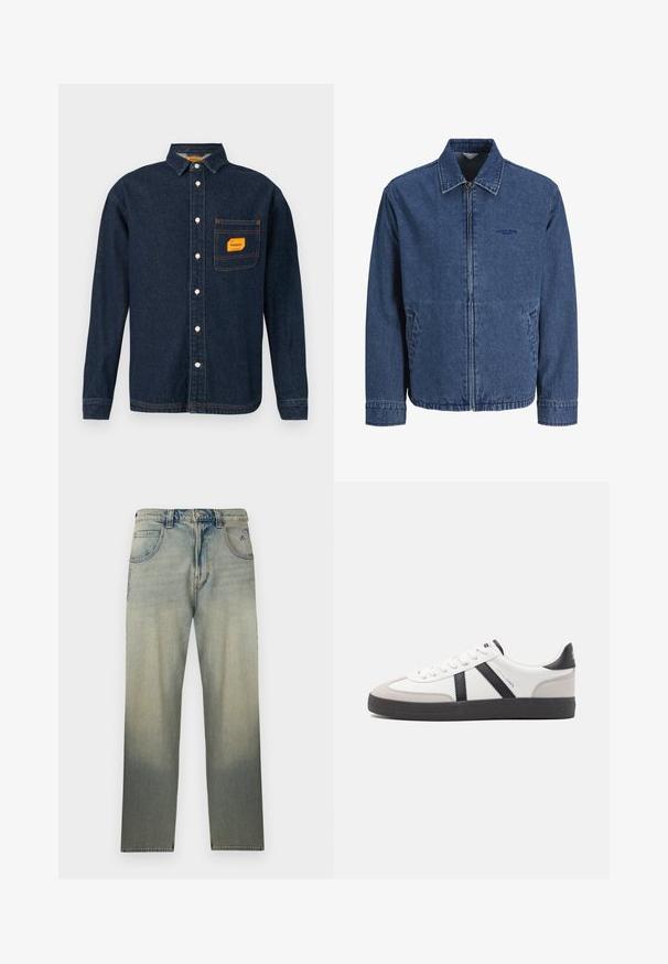 Blauwe denim jas met ritssluiting, kraag, lange mouwen, voorspelzakken en een subtiel geborduurd logo op de linkerborst.; Donkerblauwe denim shirt met button-down kraag, oranje label op de borstzak en witte knopen. Zachte textuur met contrasterende stikseldetails.; Verbleekte jeans met rechte pijp, vijf zakken, knoopsluiting en subtiele stikdetails bij de voorzakken.; Witte sneaker met zwarte en grijze accenten, voorzien van een grijze neus met textuur, zwarte rubberen zool en platte witte veters. Schoon ontwerp, minimalistische stijl.