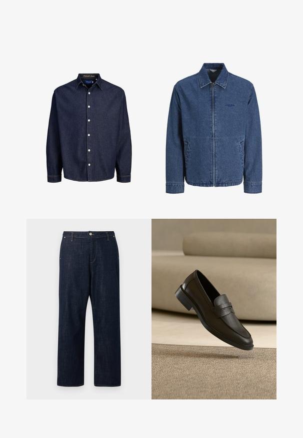 Blå denim jakke med lynlås, krave, lange ærmer, forlommer og diskret broderet logo på venstre bryst.; Mørkeblå denimskjorte med knaplukning foran, lange ærmer og klassisk krave, med hvide knapper og kontrasterende syninger.; Mørkeblå jeans med lige ben, knap og lynlås foran, bæltestropper og lommer, vist mod en ensfarvet baggrund.; Sort læder loafer sko, der hviler på et beige tæppe med en buet beige sofa i baggrunden.