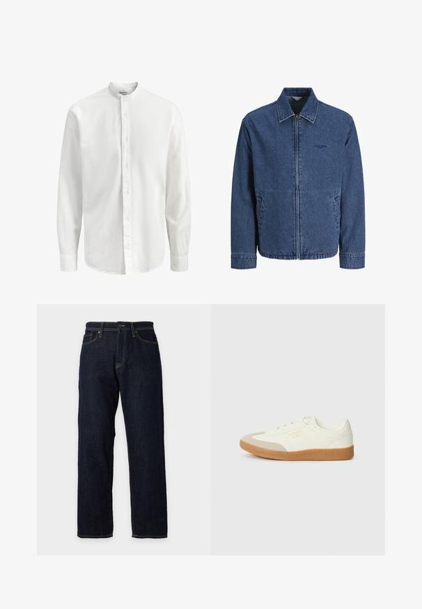 Veste en jean bleu avec fermeture éclair, col, manches longues, poches avant et logo brodé discret sur la poitrine gauche.; Chemise blanche à manches longues avec col mao et fermeture à boutons sur le devant, présentant un tissu lisse et uni ainsi que des poignets étroits.; Jean droit bleu foncé avec bouton et fermeture éclair à l’avant, passants de ceinture, poches avant et arrière, et surpiqûres contrastantes.; Baskets en cuir blanc avec une coque beige et une semelle en caoutchouc marron clair. Dotées de lacets blancs plats et d'un logo embossé sur le côté.