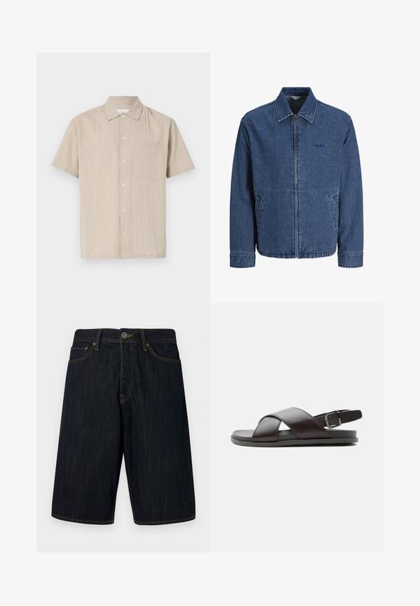 Blå denim jakke med lynlås, krave, lange ærmer, forlommer og diskret broderet logo på venstre bryst.; Kortærmet skjorte i lyse beige stof med et struktureret mønster, knaplukning og brystlomme på venstre side. Klassisk kravedesign.; Mørke denimshorts med lige snit, featuring gul syning, fem lommer og en lukning med knap foran. Glat tekstur.; Herre mørkebrun lædersandal med krydsede remme og justerbar rem med spænde ved hælen på flad sål, vist fra siden.