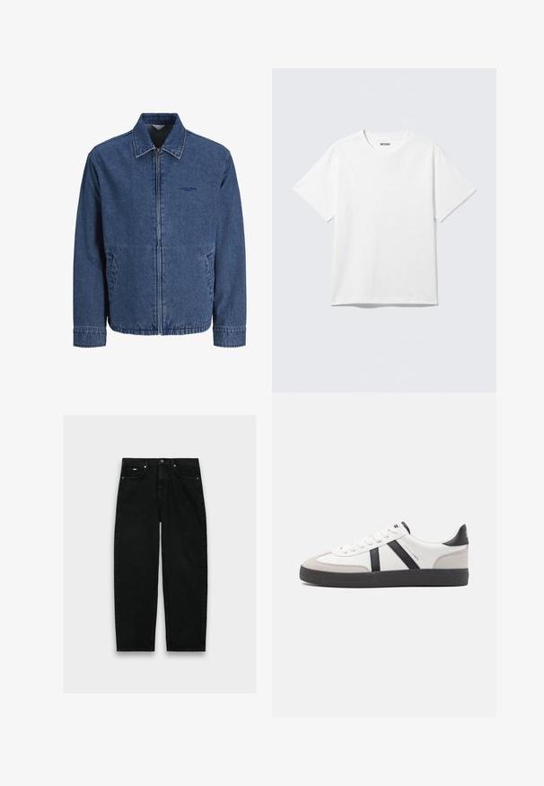 Blå denim jakke med lynlås, krave, lange ærmer, forlommer og diskret broderet logo på venstre bryst.; Hvid kortærmet crewneck T-shirt lagt fladt ud, ensfarvet design, med "WEEKDAY" mærkat inde i kraven på en lys baggrund.; Sorte jeans med høj talje og lige ben, fem lommer, knaplukning og bæltestropper på hvid baggrund.; Hvide sneakers med sorte og grå detaljer, med en tekstureret grå tåhætte, sort gummisål og flade hvide snørebånd. Rent design, minimalistisk stil.