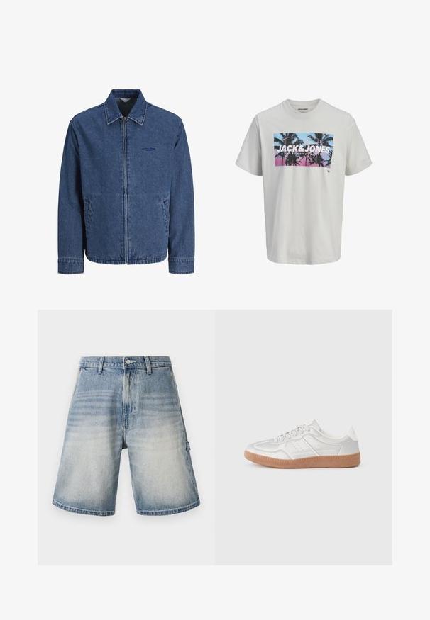 Blauwe denim jas met ritssluiting, kraag, lange mouwen, voorspelzakken en een subtiel geborduurd logo op de linkerborst.; Wit T-shirt met korte mouwen met een frontprint van palmbomen in blauwe en roze zonsondergangskleuren, grote JACK & JONES tekst op de borst.; Denim shorts in een vervaagde blauwe kleur, losse pasvorm en rechte snit. Voorzien van vijf zakken en riemlussen met een subtiel versleten patroon.; Zilveren sneakers met een gladde textuur, vetersluiting, geperforeerde accenten en een gestructureerde bruine rubberen zool.