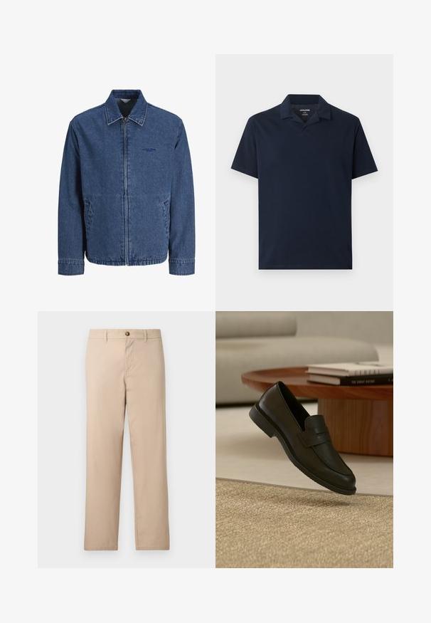 Veste en jean bleu avec fermeture éclair, col, manches longues, poches avant et logo brodé discret sur la poitrine gauche.; Polo bleu marine à manches courtes avec col, encolure en V dégagée et tissu de poids moyen, étalé à plat sur un fond gris clair.; Pantalon beige à jambes droites avec passants de ceinture, fermeture à boutons sur le devant et poches latérales.; Chaussure mocassin en cuir noir présentée en suspension au-dessus d'un tapis beige tissé, avec une table en bois et des livres empilés dans un salon doucement éclairé.