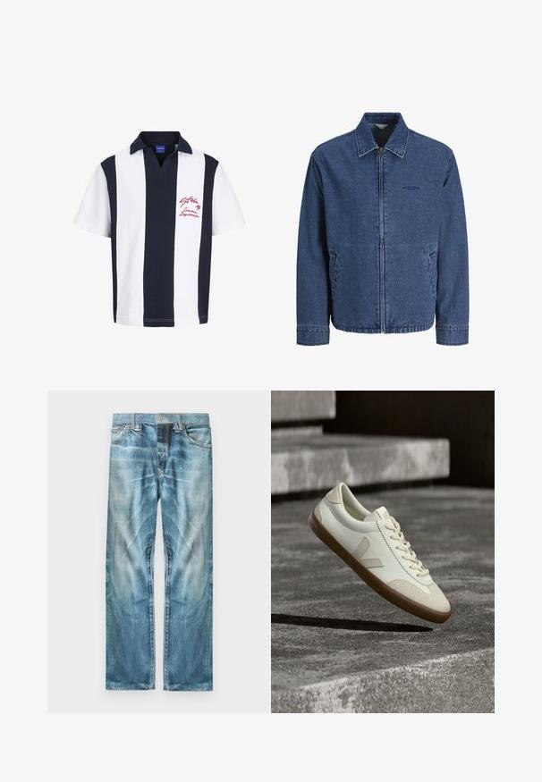 Veste en jean bleu avec fermeture éclair, col, manches longues, poches avant et logo brodé discret sur la poitrine gauche.; Polo à manches courtes avec de larges rayures verticales bleu marine et blanches, col bleu marine, et broderie de texte rouge sur la poitrine gauche.; Jean en denim bleu clair délavé avec une coupe droite, poches avant, passants pour ceinture et fermeture par bouton.; Baskets en cuir blanc avec semelle en caoutchouc beige, lacets plats et accent en forme de V sur le côté. Présentent une surface lisse et peu de détails de couture.