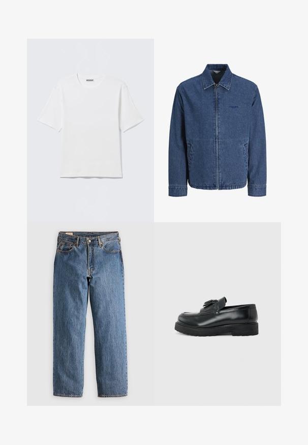 Blue denim zip-up jacket with collar, long sleeves, front pockets, and subtle embroidered logo on left chest.; Plain white short-sleeve crew neck t-shirt with a small "WEEKDAY" label on the inside back collar, displayed on a flat surface.; Blue denim jeans with a straight cut, featuring a high waist, copper rivets, and orange stitching. Front and back pockets included.; Black leather loafer with tassels, thick rubber sole, and low heel, shown in side profile on a plain background.