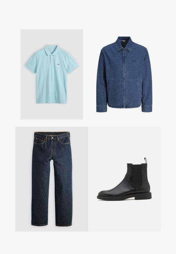 Veste en jean bleu avec fermeture éclair, col, manches longues, poches avant et logo brodé discret sur la poitrine gauche.; Polo bleu clair à manches courtes avec trois boutons et petit logo rouge Levi’s sur la poitrine gauche sur fond blanc.; Jean en denim bleu foncé avec une coupe droite. Comprend cinq poches, des surpiqûres contrastantes et une fermeture à bouton à la taille.; Botte de cheville en cuir noir avec une texture lisse, des panneaux latéraux élastiques et une languette. Bout rond et semelle en caoutchouc plate avec un minimal de relief.