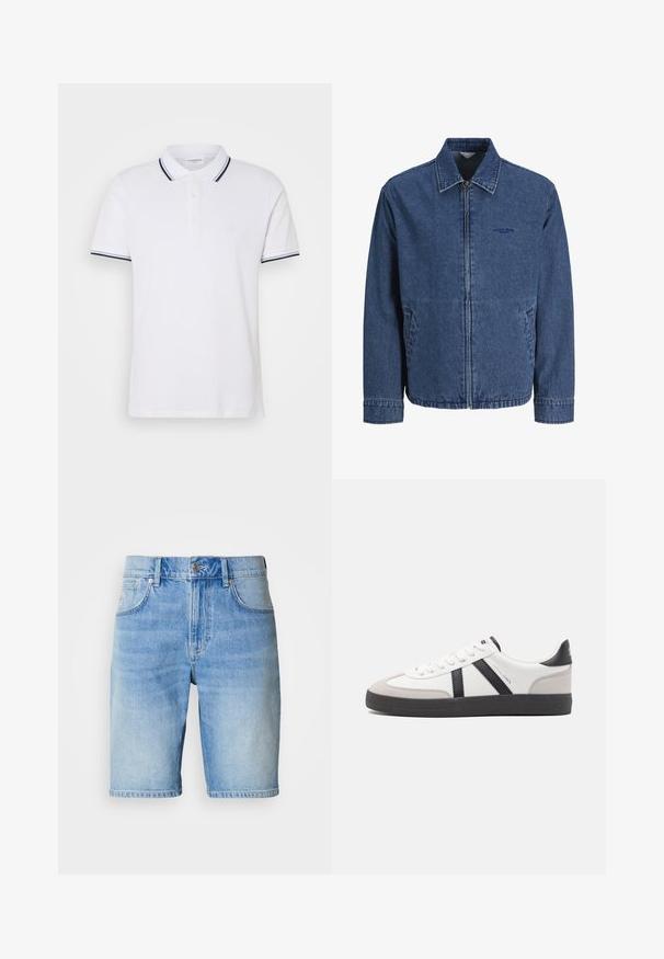 Blå denim jakke med lynlås, krave, lange ærmer, forlommer og diskret broderet logo på venstre bryst.; Hvid polo shirt lavet af bomuld med krave, tre-knaps lukning og marineblå og hvide striber på ærmerne.; Lyseblå denimshorts med en lige pasform, der har knap- og lynlås-lukning, fem lommer og en let falmning på stoffet.; Hvide sneakers med sorte og grå detaljer, med en tekstureret grå tåhætte, sort gummisål og flade hvide snørebånd. Rent design, minimalistisk stil.