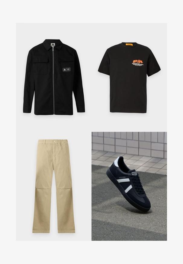 Schwarze Jacke aus strapazierfähigem Stoff mit kragenlosem Ausschnitt, Frontreißverschluss und zwei Brusttaschen. Mit einem Logolabel auf der linken Tasche.; Schwarzes Baumwoll-T-Shirt mit kurzen Ärmeln, auf der Vorderseite mit einem orangen und weißen grafischen Textdesign. Rundhalsausschnitt, lockere Passform.; Beige gerade geschnittene Hose mit Druckknopfverschluss, Gürtelschlaufen und Nahtdetails an den Knien, flach auf einem weißen Hintergrund ausgelegt.; Schwarze Leder-Sneaker mit weißen Streifen, strukturiertem Gummisohle und Schnürung. Verfügt über ein Markenetikett auf der Zunge.