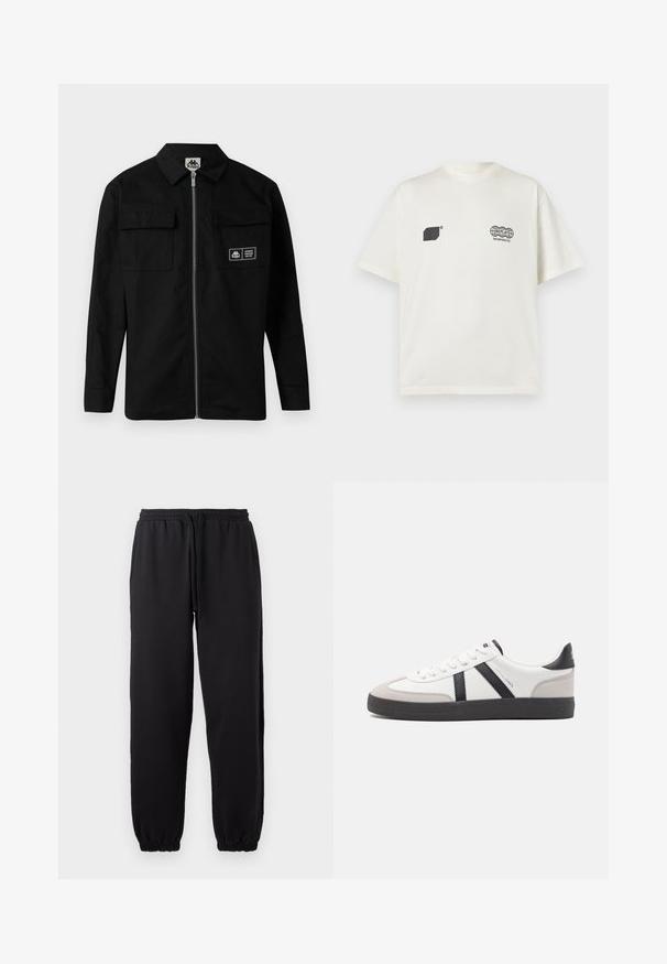 Sort jakke lavet af robust stof med krave, frontlynlås og to brystlommer. Har et logo på den venstre lomme.; Hvid T-shirt med korte ærmer med sort geometrisk logo på venstre bryst og "Replay Incorporated" globuslogo på højre bryst.; Sorte joggingbukser lavet af blødt stof, med elastisk talje og justerbar snor, samt manchetter ved bunden.; Hvide sneakers med sorte og grå detaljer, med en tekstureret grå tåhætte, sort gummisål og flade hvide snørebånd. Rent design, minimalistisk stil.