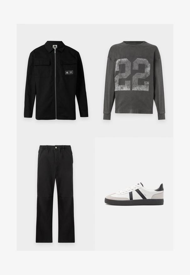Zwarte jas van stevig materiaal met een kraag, een ritssluiting aan de voorkant en twee borstzakken. Bevat een logolabel op de linkse zak.; Donkergrijze sweatshirt met lange mouwen en een groot vervaagd wit nummer 22 op de voorkant, ronde hals en geribbelde manchetten.; Zwarte katoenen broek met een elastische tailleband, voorzien van een recht model, een gladde textuur en zonder zichtbare accenten of patronen.; Witte sneaker met zwarte en grijze accenten, voorzien van een grijze neus met textuur, zwarte rubberen zool en platte witte veters. Schoon ontwerp, minimalistische stijl.