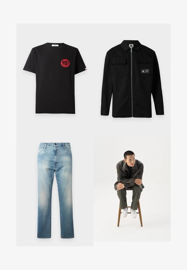 Zwarte jas van stevig materiaal met een kraag, een ritssluiting aan de voorkant en twee borstzakken. Bevat een logolabel op de linkse zak.; Zwarte katoenen t-shirt met korte mouwen, uitgerust met een rode cirkelafdruk waarop de nummers "981" en het woord "REPLAY" staan.; Replay WAINE PANTS - Relaxed fit jeans - light blue; Jonge man in een donkere leren jas en spijkerbroek zit op een houten kruk, leunt naar voren met gekruiste armen en kijkt naar de zijkant tegen een witte achtergrond.