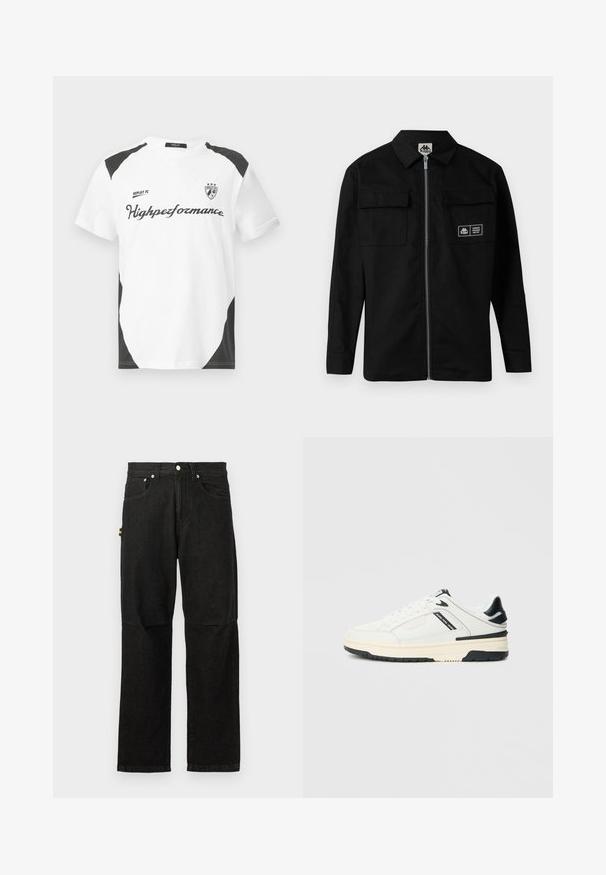 Schwarze Jacke aus strapazierfähigem Stoff mit kragenlosem Ausschnitt, Frontreißverschluss und zwei Brusttaschen. Mit einem Logolabel auf der linken Tasche.; Weißes Kurzarm-T-Shirt mit schwarzen Akzenten. Verfügt über das Logo "REPLAY FC" und den Text "Highperformance" in einer sportlichen Schriftart. Hergestellt aus einem glatten Material.; Schwarze Denim-Hosen mit geradem Bein, ausgestattet mit Fronttaschen, einem Knopfverschluss und minimalistischer Hardware für einen klaren Look.; Weißer Low-Top-Sneaker mit schwarzen Akzenten, cremefarbener Sohle, Schnürsenkeln und dem Schriftzug "Jeans Pepe" auf der Seitenfläche.