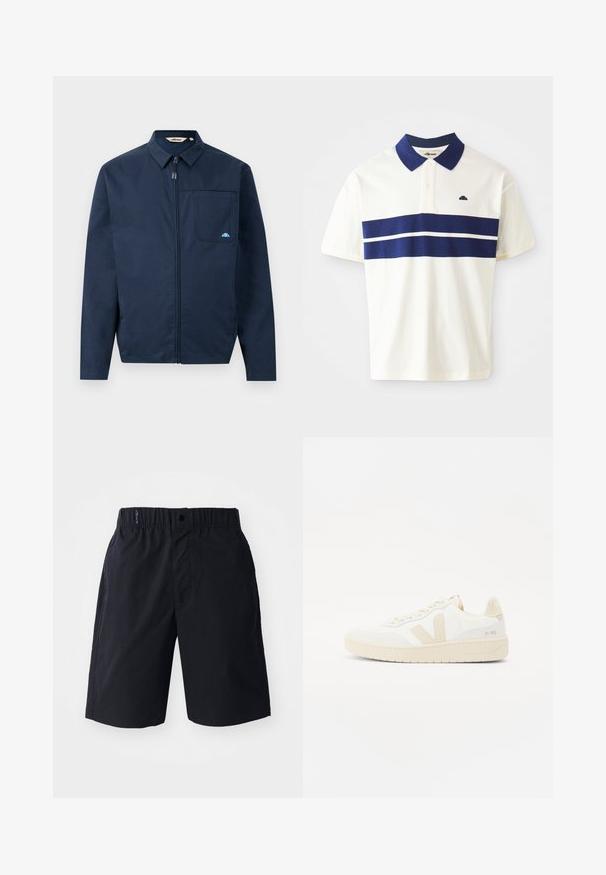 Chaqueta azul marino de tejido suave, con cremallera frontal, cuello puntiagudo y un bolsillo en el pecho con un pequeño acento de logo.; Camisa polo blanca con rayas navy en el pecho y el cuello. Presenta mangas cortas y un pequeño logo en el lado izquierdo cerca del cuello.; Pantalones cortos negros hechos de tejido ligero, con un frente plano, cintura elástica y bolsillos laterales. Diseño simple sin patrones.; Zapatilla blanca con acentos beige, que presenta un upper texturizado, punta redonda y suela de goma gruesa. El diseño incluye el icónico logo V y marcas.