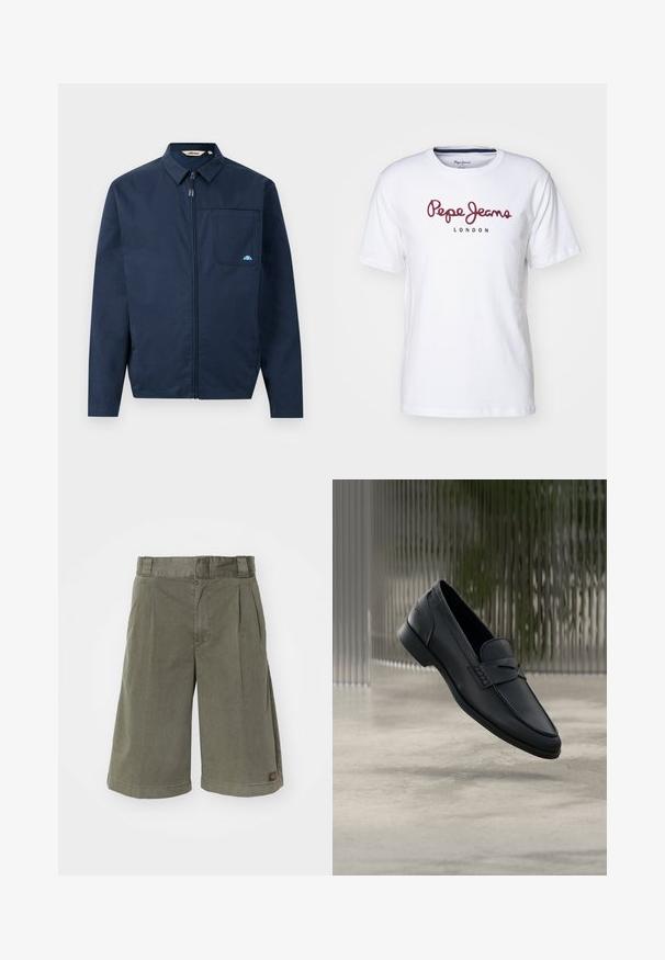 Tmavomodrá bunda z hladkej látky, so zipsovým zapínaním vpredu, špicatým golierom a jednou náprsné vreckom s malým logom.; Biely bavlnený tričko s marhuľovým logom "Pepe Jeans" a textom "LONDON", okrúhly výstrih, krátke rukávy a voľný strih.; Olivovo zelené šortky vyrobené z bavlneného zmesi. Obsahujú skladanie a rovný strih, s malou značkovou etiketou na boku.; Čierne kožené mokasíny s hladkým povrchom, špicatou špičkou a prešívaným detailom na priehlavku. Nízky podpätok a minimalistický dizajn.
