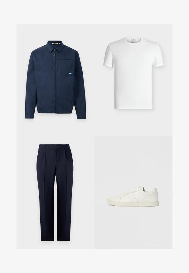 Marineblauwe jas van gladde stof, met een rits aan de voorkant, een puntige kraag en een enkele borstzak met een kleine logo-accent.; Effen witte korte mouw ribgebreide katoenen T-shirt met ronde hals en een klein genaaid label bij de onderzoom.; Marineblauwe tailored broek gemaakt van gestructureerde stof, met een rechte pasvorm, voorplooien en een klassieke tailleband met riemlussen.; Laag uitgesneden witte leren sneaker met vetersluiting en platte rubberen zool, gezien van de binnenkant op een effen achtergrond.