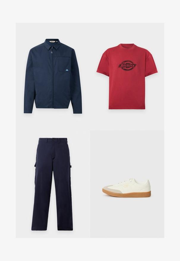 Chaqueta azul marino de tejido suave, con cremallera frontal, cuello puntiagudo y un bolsillo en el pecho con un pequeño acento de logo.; Camiseta roja de manga corta con cuello redondo y el logo "Dickies" en negro impreso en el centro del pecho.; Pantalones rectos de color azul marino con pasadores para cinturón, cierre delantero con botón y bolsillos laterales para herramientas, exhibidos sobre un fondo blanco.; Zapatilla de cuero blanca con puntera beige y suela de goma marrón claro. Presenta cordones planos blancos y una marca en relieve en el lateral.