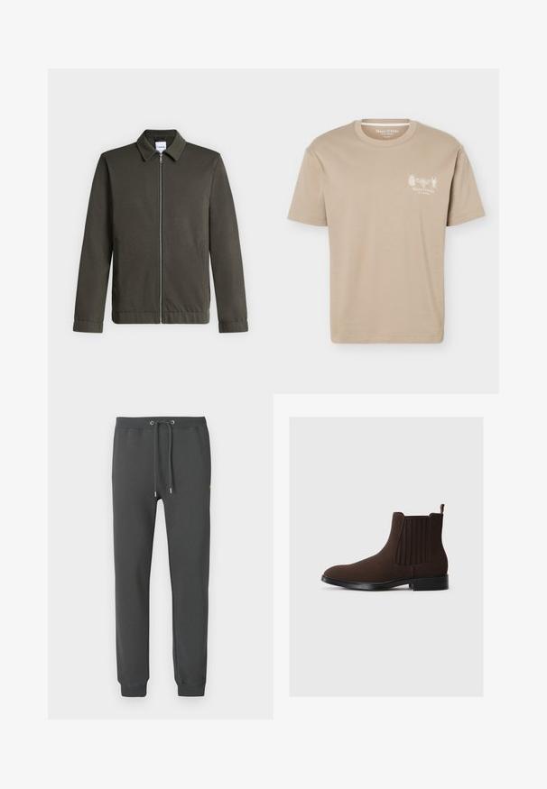 Veste zippée vert olive avec col, manches longues et poches latérales, présentée sur un fond gris clair.; T-shirt beige à manches courtes avec col rond, présentant de petits motifs d'insectes et le logo "Marc O'Polo" sur la poitrine gauche.; Pantalon de jogging gris en mélange de coton doux, doté d'une ceinture élastique avec cordon de serrage réglable et de poignets ajustés aux chevilles.; Bottines Chelsea en daim marron avec panneaux élastiques sur les côtés, talon bas et une languette à l'arrière. Texture lisse et design épuré.